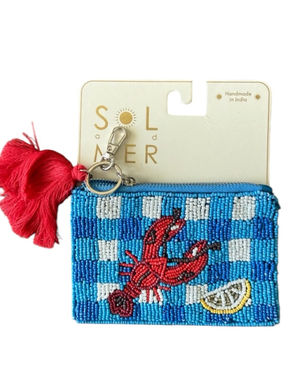 Beaded Lobster Coin Pouch with Tassel - Blue & Red NWT